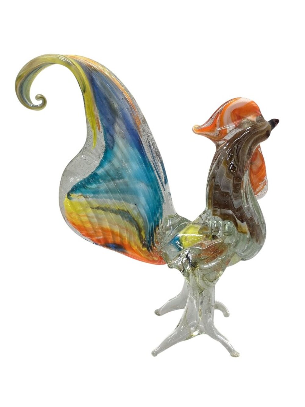 Murano Style Art Glass Rooster Figurine Hand Blown Multi Color Chicken Statue
